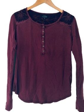 Lucky Brand Women's Long Sleeve Henley in Deep Burgundy with Dark Lace Yoke